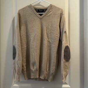 Hawick Knitwear 100% Lambswool Scotland V-neck sweater elbow knit patchwork L